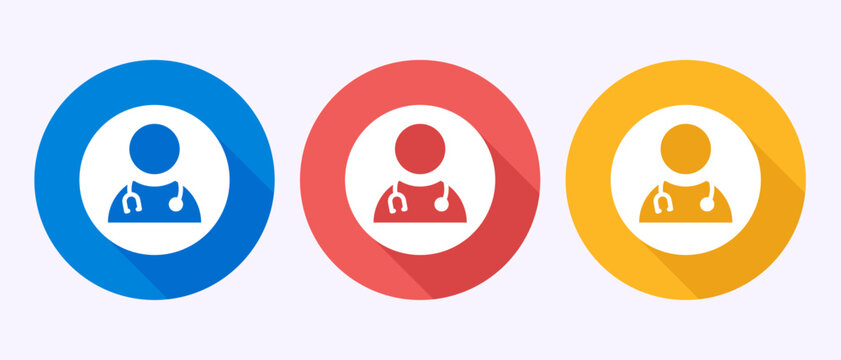 Doctor avatar icon set with stethoscope in circular blue red and yellow flat style.