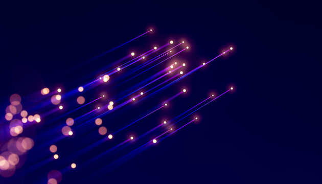 Fast 3D data particles traveling along diagonal violet light streaks representing broadband speed