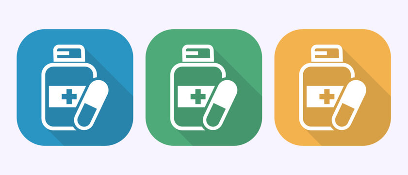 Medicine bottle with capsule icon set featuring blue green and yellow flat design.