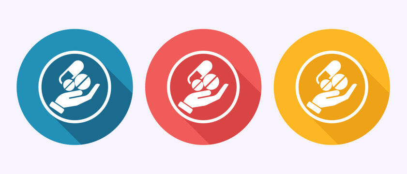 Hand holding pills icon set with circular blue red and yellow medical supplement.