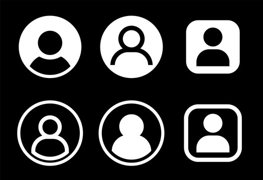 White silhouette user profile icon set on black background for dark mode ui.