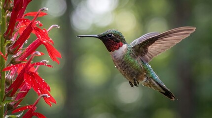 Fototapeta premium Ruby Throated Hummingbird Hovering Near Red Cardinal Flowers with Water Droplets