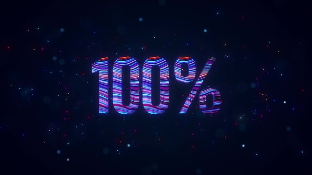 Rotating 3D 100 percent typography with blue and purple flowing light trails, glowing particles, sparkles, and bokeh on a dark futuristic digital background.