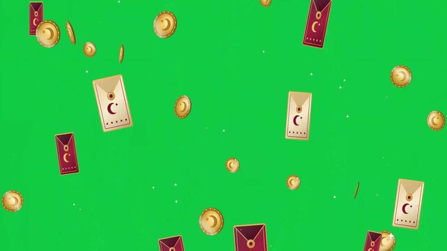 Floating Eid Money Envelopes and Spinning Gold Coins Rising Up, THR Lebaran Gift Concept on Green Screen
