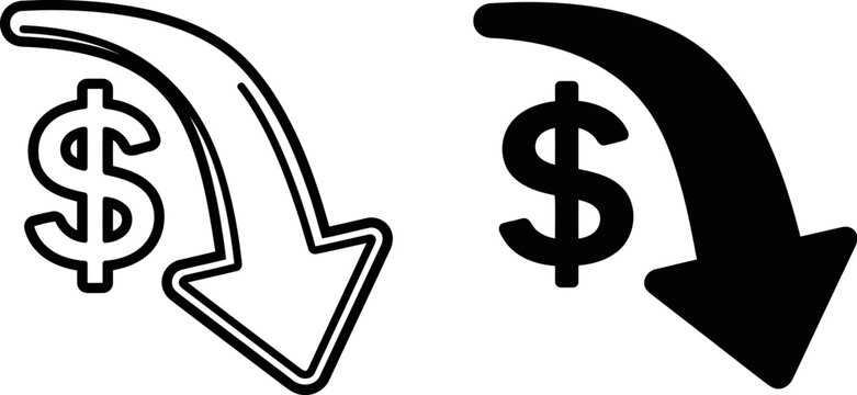 Dollar sign with downward price drop arrow icon. Falling dollar sign and downward arrow symbol representing declining prices, financial loss and market downturn