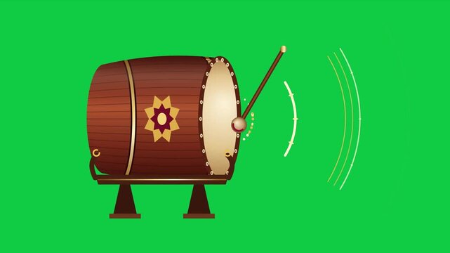 Traditional Bedug Drum Being Struck with Golden Sound Wave Ripples, Indonesian Takbiran Eid Night on Green Screen