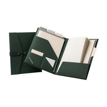 An open and closed dark green fabric organizer folder featuring internal pockets, cream colored paper pages, tabbed dividers, and a black elastic band closure against a clean white backgroun