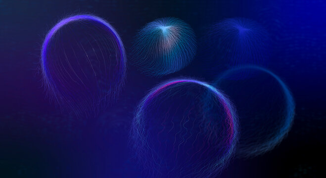 Futuristic 3D particle jellyfish floating in a neon blue digital ocean with luminous fiber strands