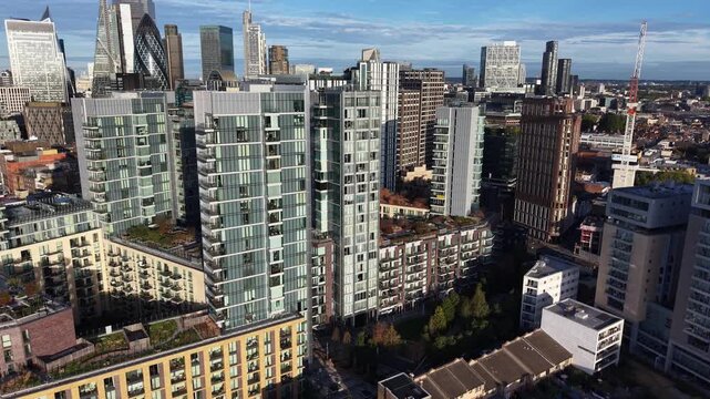 Aerial view of Goodmans Fields, Berkeley Homes, Bordered by Leman Street, Alie Street, and Gowers Walk in Aldgate