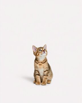 Tabby kitten with soft downy fur sitting upright and alert on a white background, perfect for pet product and vet clinic layouts with copy space