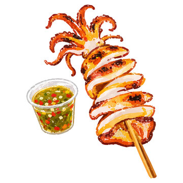 Hand Drawn Style Thai Grilled Squid with Spicy Seafood Sauce Illustration