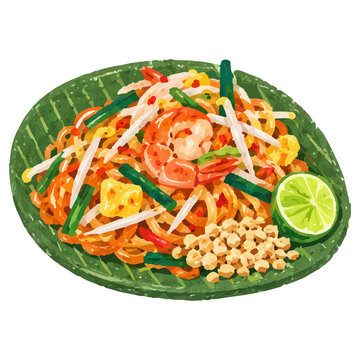 Hand Drawn Style Pad Thai with Shrimp and Lime Illustration