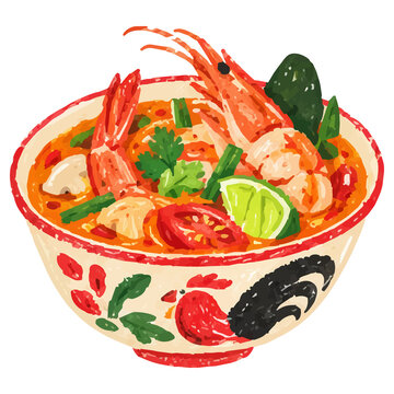 Hand Drawn Style Tom Yum Goong Thai Spicy Shrimp Soup Illustration