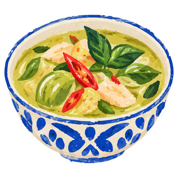 Hand Drawn Style Thai Green Curry Chicken in Traditional Bowl Illustration