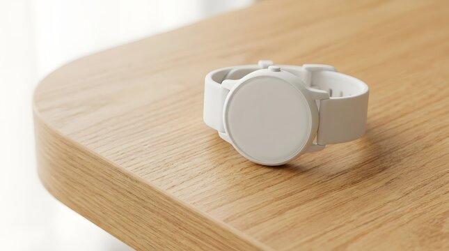 Modern white smartwatch with silicone strap on wooden desk, a stylish white wearable watch resting