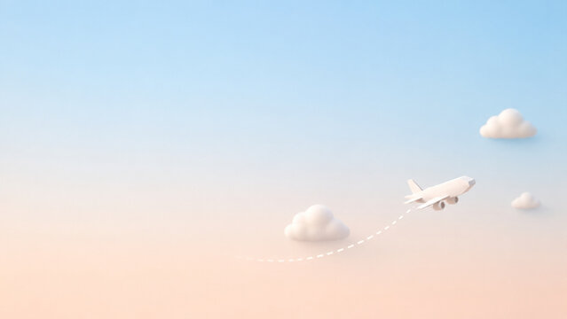 Origami style freight plane soaring through peach and blue gradient clouds, simple 3D render background for air cargo, delivery and export business banners