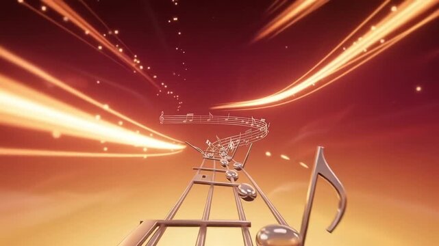Golden Treble Clef and Musical Notes Flowing Along Spiral Staff with Glowing Light Trails
