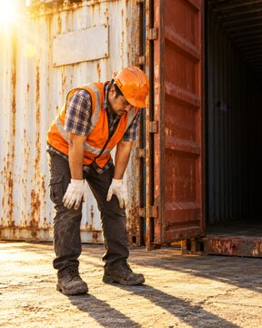 Fatigued yard worker leaning forward in safety gear during extreme summer heat