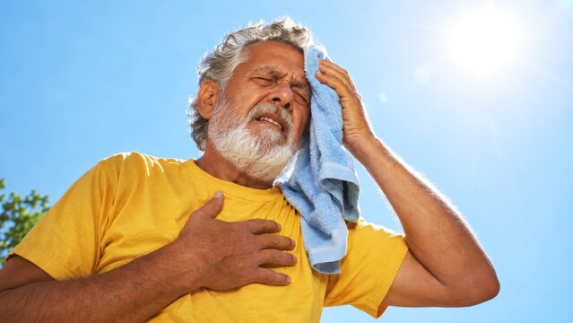 Older man wiping sweat and clutching chest under intense summer sun