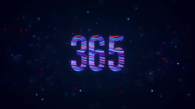 Rotating 3D number 365 with blue and purple flowing light trails, glowing particles, sparkles, and bokeh symbolizing year round service against a dark digital background.