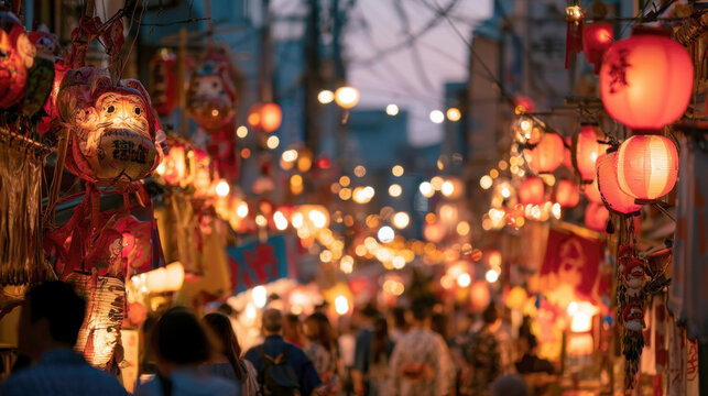 vibrant traditional japanese night market street festival atmosphere with glowing red paper lanterns warm bokeh lighting blurred crowd background for asian travel culture celebration concept photo