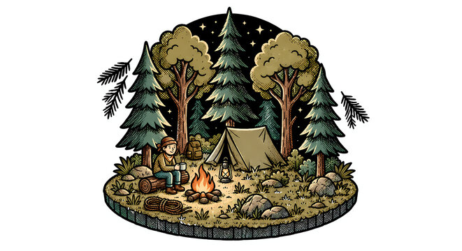A solo camper sits beside a warm glowing campfire, surrounded by a camping tent, lantern, backpack, pine trees, and woodland vegetation beneath a starry night sky.
