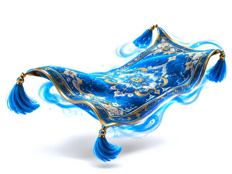 An ornate blue magic carpet floating gracefully in mid-air, surrounded by glowing mystical blue aura and sparkling light effects.