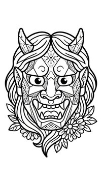 Intricate Hannya mask with geometric patterns line art.
