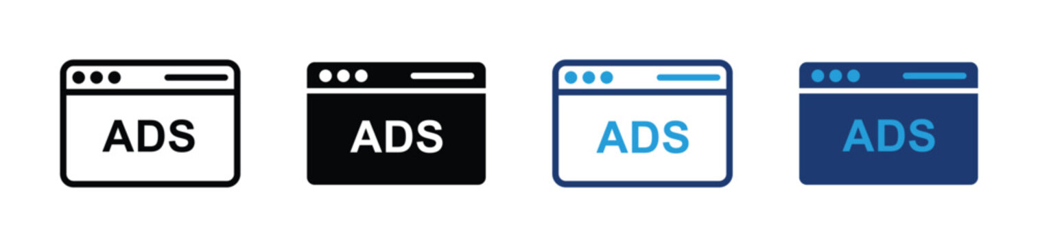 Web advertising icon set featuring online marketing, browser windows, promotional banners, and pay-per-click (PPC) campaign symbols for digital marketing and website promotion.