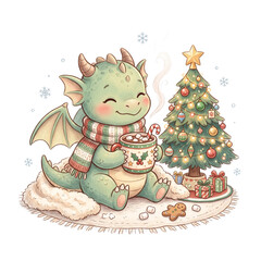 Fototapeta premium Cute Little Green Dragon Wearing Striped Scarf Holding Mug of Hot Chocolate with Marshmallows Next to Decorated Christmas Tree in Cozy Winter Holiday Illustration Style