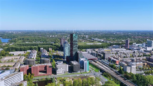 Aerial view of Almere with the train station and modern buildings
