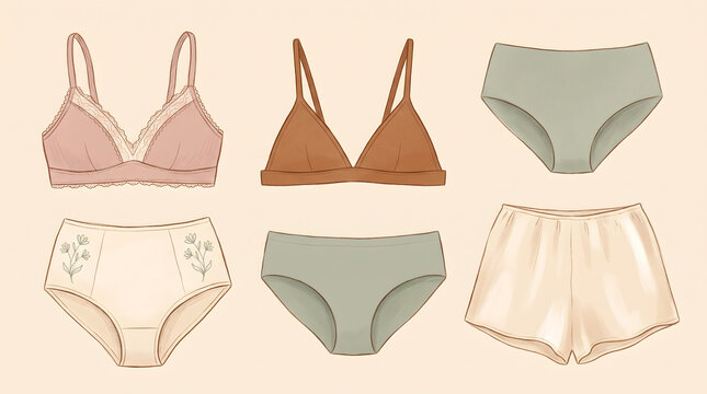 Collection of women underwear including lace bralette, triangle bra, panties, high waist briefs with floral print, and silk sleep shorts. Minimalist lingerie set flat lay digital illustration.