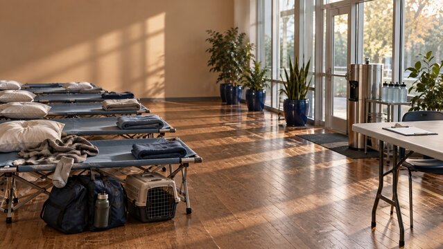Rows of camp cots in an organized emergency evacuation shelter with a worn wooden floor and water station for disaster relief and aid