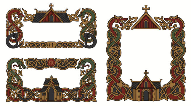 Norwegian Dragestil Dragon Woodcarving Viking Vector Border Set