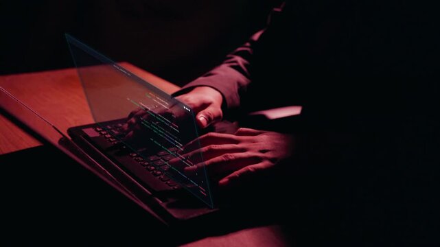 Close up Hacker Hands typing on laptop with glowing futuristic digital data overlay for cybersecurity and tech analysis 4k video
