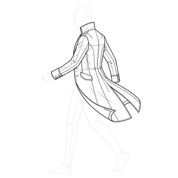 Hand drawn sketch of romantic unbuttoned frock coat in motion. Anime line art.