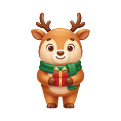 Cute baby reindeer wearing green scarf holding Christmas gift © Element Lab