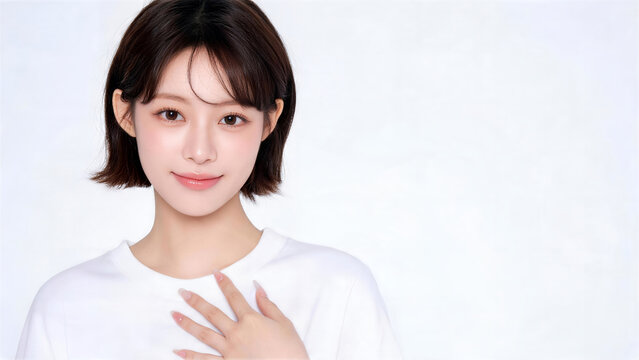 胸元に手を置く白いTシャツの女性