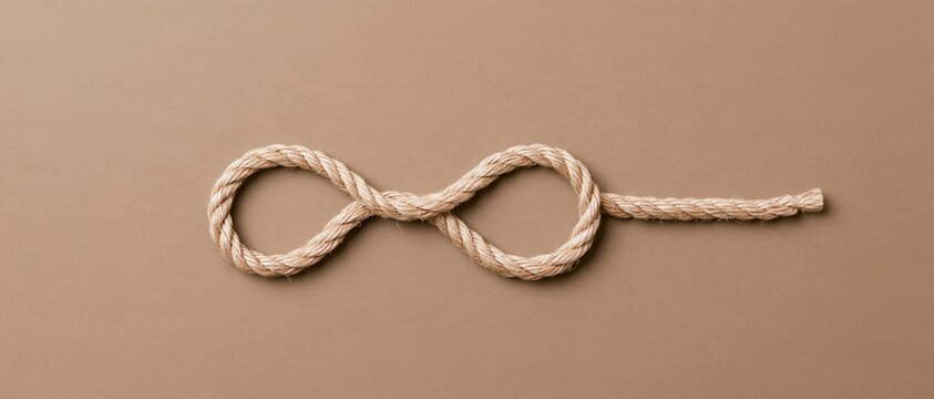 Twine loop tied in a loose figure eight, featuring a coarse fiber texture on a mocha brown background with copy space for crafts