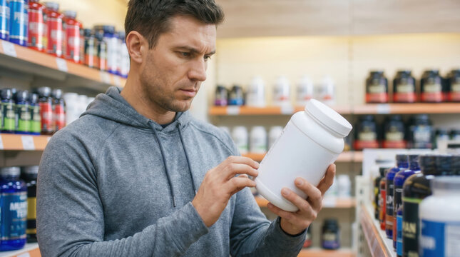 Muscular shopper inspects fitness supplement jar along market aisle. Attentive buyer checks nutritional information on blank packaging while browsing protein powders on store display racks.
