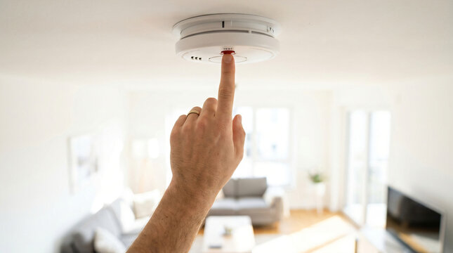 Close-up of a person's hand pressing the red test button on a white plastic smoke detector mounted on a residential ceiling, indoor safety maintenance check in a modern living room background.