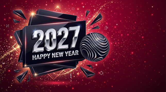 a luxury Happy New Year 2027 greeting background featuring silver 3D text that reads "2027 HAPPY NEW YEAR" layered over black geometric shapes, a textured black sphere, and a glowing red starfield bac