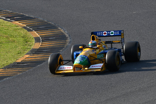 Scarperia, Italy - October 2th 2026: Benetton B191 of year 1991 ex Michael Schumacher and Nelson Piquet drive by unknown in action during practice session at Mugello Circuit.
