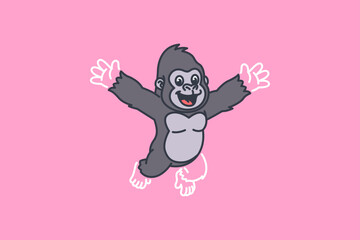A cheerful cartoon gorilla character jumping with arms wide open against a pink background © idflat