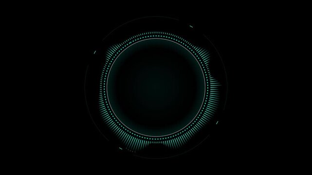 Futuristic cyan HUD circle graphic animation, abstract digital equalizer interface screen, glowing tech audio visualizer HUD element