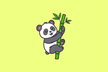 A happy cartoon panda bear character climbing a green bamboo stalk on a light yellow background © idflat