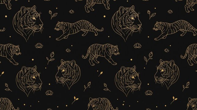 Luxury golden tiger line art and lotus flowers on black seamless pattern background