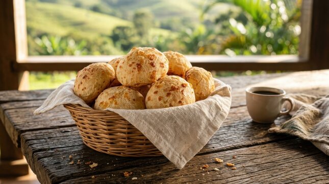 Freshly baked Brazilian cheese bread with coffee and hill view