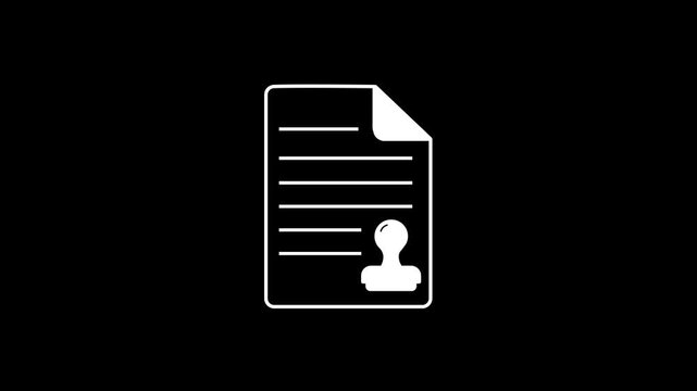 Concept of a stamped document and approved agreement; official approval, certified contracts, legal validation, stamped paperwork. 2D animation with 4K resolution and alpha c