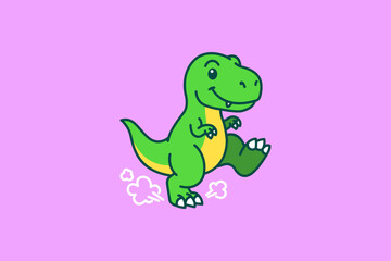 A cheerful green dinosaur character running with motion clouds on a solid light purple background © idflat